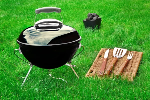Churrasco portátil Grill aparelho e ferramentas no gramado fresco — Fotografia de Stock
