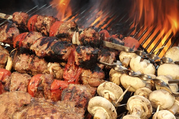 Mezclado con verduras Kababs y champiñones en llamas barbacoa a la parrilla —  Fotos de Stock