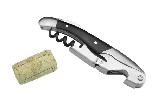 Waiter Or  Sommelier Knife And Wine Bottle Cork White Isolated — Stock Photo, Image