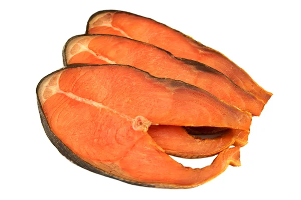 Кусочки холодного копченого розового лосося на белом фоне — стоковое фото