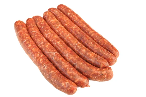 Embutidos hechos de carne picada de chorizo en tripa natural aislada blanca — Foto de Stock