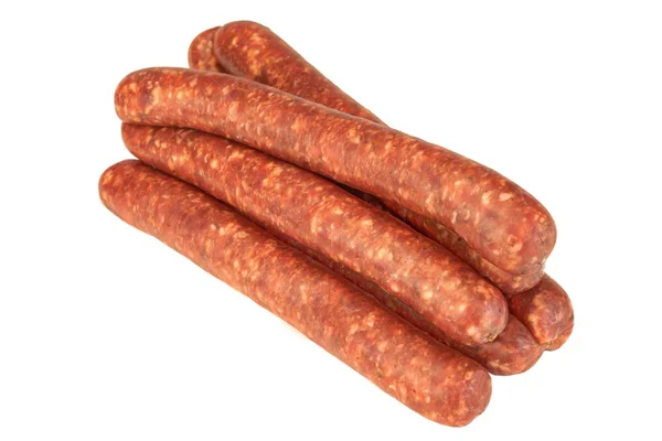 Embutidos hechos de carne picada de chorizo en tripa natural aislada blanca — Foto de Stock