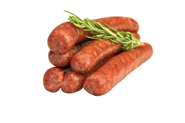 Saucisses en mince Chorizo dans un boîtier naturel blanc isolé — Photo