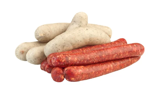 Mistura não cozida de salsichas vermelhas e brancas isoladas em branco — Fotografia de Stock