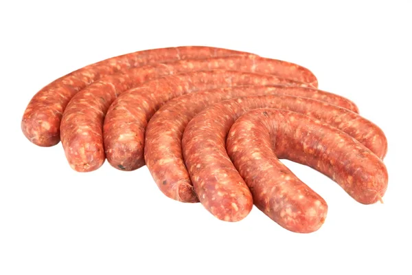 Saucisses en mince Chorizo dans un boîtier naturel blanc isolé — Photo