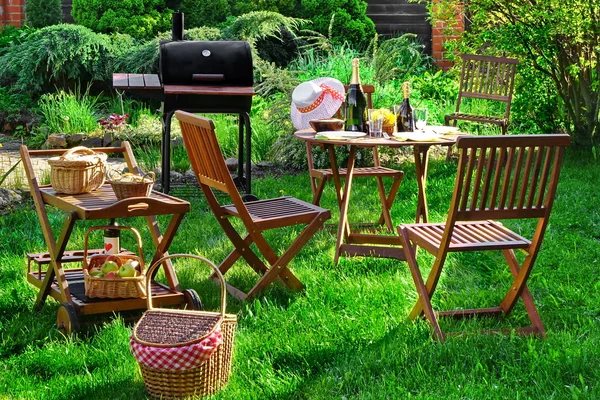 Scene Of Barbecue Grill Party On Lawn In The Backyard — Stock Photo, Image