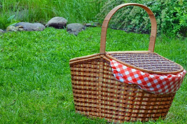 Cesta de piquenique no gramado de verão fresco — Fotografia de Stock