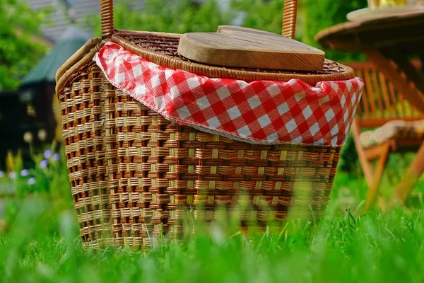 Primer plano de la cesta de picnic con paño a cuadros en el césped — Foto de Stock