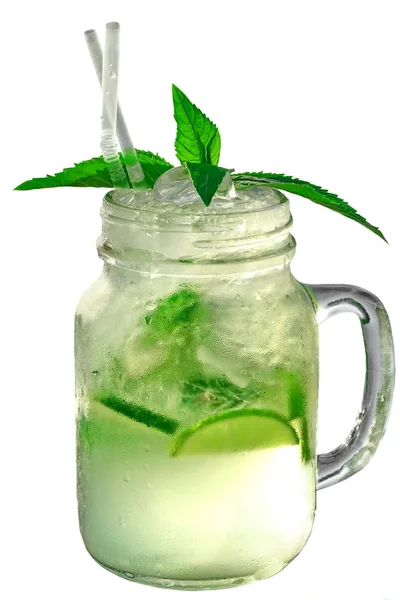 Misted Wet Glass Mason Jar Mojito Cocktail Isolated White Background — стокове фото