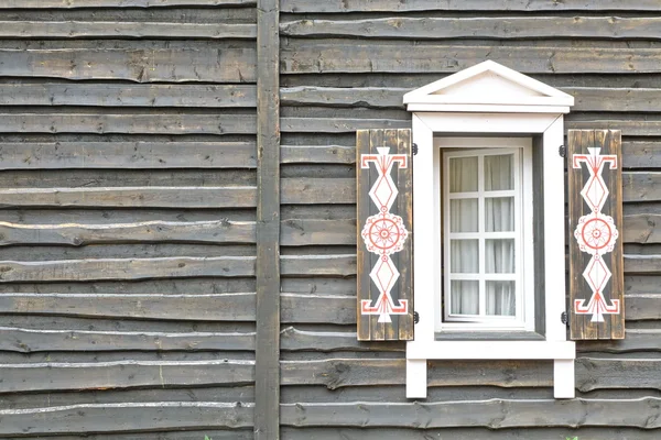 Wooden House Grey Wall From Overlapped Unedged Rough Shabby Board In Vintage Modern Rustic Style And Opened Window With Decorative Shatters And White Curtains — Stock Image Wooden House Grey Wall Overlapped Unedged Rough Shabby Board Vintage Stock Image