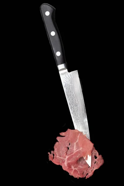 Carpaccio Slice Japanese Damascus Stainless Steel Chef Knife Isolated Black — Stock Photo, Image