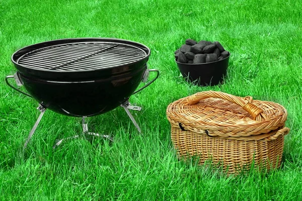 Portable Kettle Grill Grass Picnic Basket Bbq Grill Lawn Cookout — Stock Photo, Image