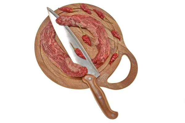 Raw Skirt Steak Tenderloin Beef Steak Knife Fork Cutting Board — стокове фото