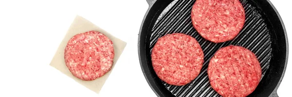 Raw Minced Steak Burgers Grill Pan Isolated White Background Overhead — Stock Photo, Image