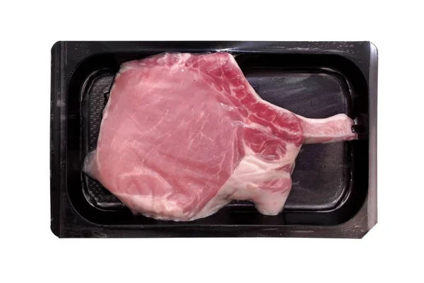 Bife Osso Porco Vácuo Pacote Comercial Isolado Fundo Branco Bife — Fotografia de Stock