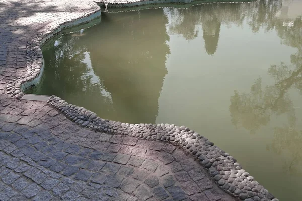 Vijver Tuin Met Groen Water Zomer Geplaveid Natuurstenen Pad Rond — Stockfoto