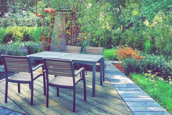 Back Yard Garden Outdoor Furniture Planked Wooden Terrace Wooden Terrace — Zdjęcie stockowe