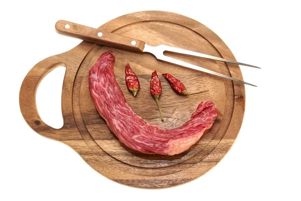 Stek Polędwicy Wołowej Lub Surowy Spódnica Steak Fork Cutting Board — Zdjęcie stockowe