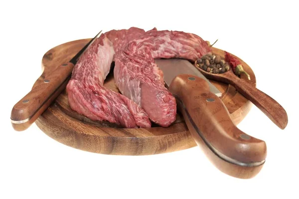 Raw Skirt Steak Tenderloin Beef Steak Knife Fork Cutting Board — стокове фото
