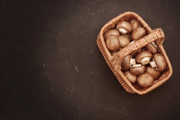 Brown Champignon Mushrooms Wicker Basket Black Background Top View Champignon — Stock Photo, Image