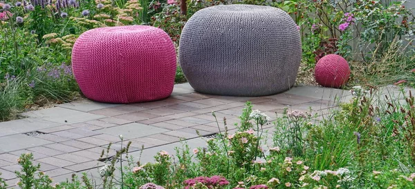 Modern Landscaped Garden Decorative Designed Seating Cobblestone Patio Designer Patio — Stock Photo, Image