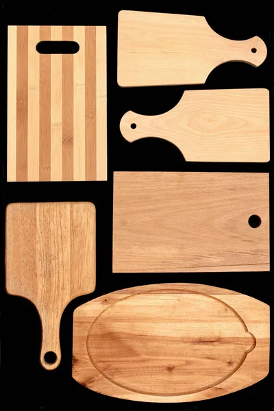 Many Wooden Cutting Chopping Boards Isolated Black Background Group Chopping — Stock Photo, Image