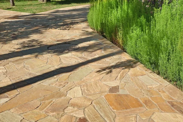 Jardinería Con Pavimento Piedra Caliza Patio Trasero Jardín Sombreado Sendero — Foto de Stock