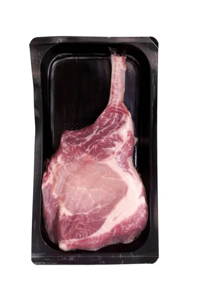 Fläskbiff Vacuum Commercial Pack Isolerad Vit Bakgrund Raw Tomahawk Fläskbiff — Stockfoto