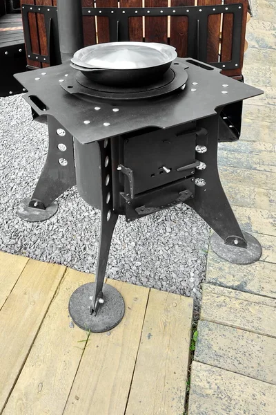 Patio Fire Pit Steel Table Outdoor Leisure Party Wood Deck — Stock Photo, Image