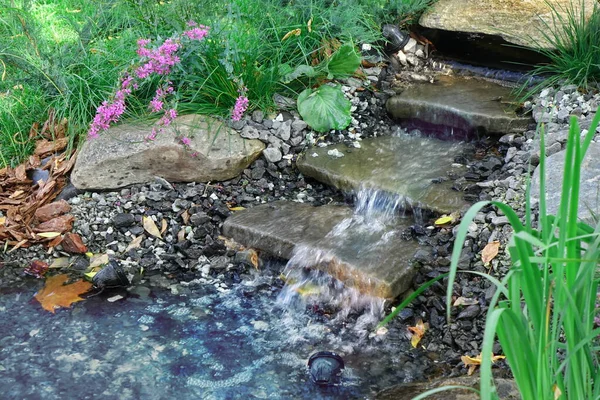 Stagno Decorativo Piccolo Lago Sul Giardino Del Cortile Con Cascata — Foto Stock