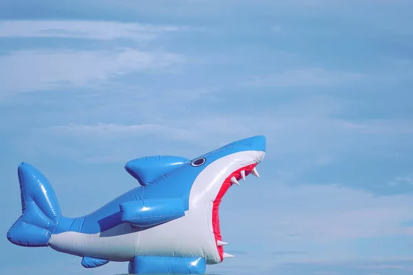 Inflatable Shark Blue Background Toy Shark Open Jaw Closeup View — Stock Photo, Image