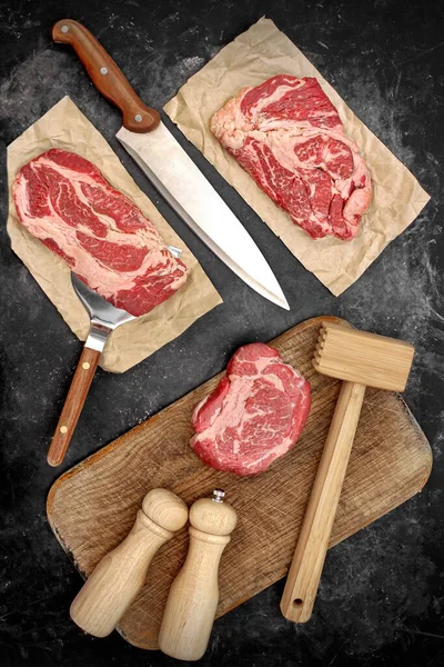 Beef Steaks Bbq Grilling Overhead View Marbled Raw Loin Beef — Stock Photo, Image