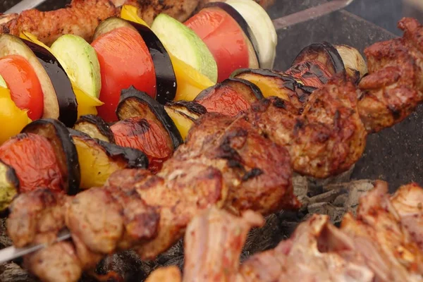 Grillattuja Lihavartaita Paljon Shish Kebabia Cookout Food Taustaa Marinoitu Shashlik — kuvapankkivalokuva