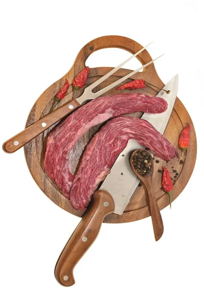 Nyers Szoknya Steak Vagy Tenderloin Marhahús Steak Kés Villa Vágódeszkán — Stock Fotó