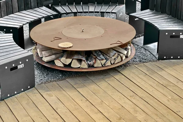 Patio Fire Pit Steel Table Outdoor Leisure Party Wood Deck — стокове фото