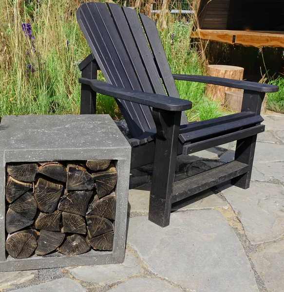 Patio Adirondack Chair Fireplace Pit Muskoka Chair Garden Tiled Patio — Stock Photo, Image