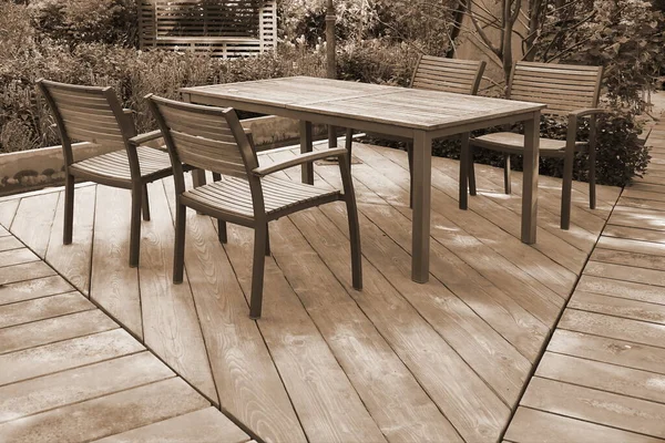 Garden Wooden Patio Wooden Dinning Table Chairs Harwood Decking Floor — Stock Photo, Image