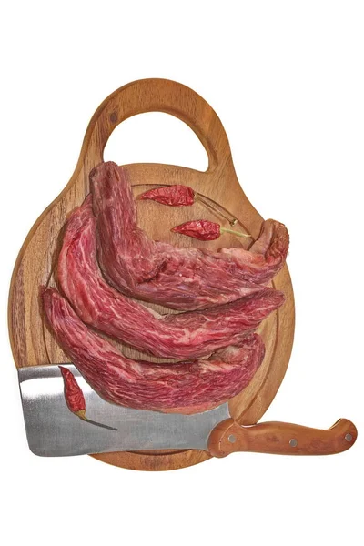 Surowy Spódnica Steak Tenderloin Beef Steak Butcher Hatchet Cutting Board — Zdjęcie stockowe