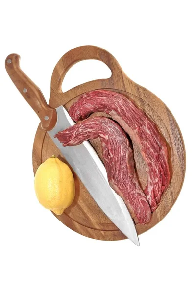 Raw Kjol Biff Eller Filé Biff Kniv Och Gaffel Skärbräda — Stockfoto