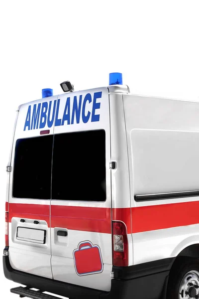 Paramedische Ambulance Van Geïsoleerd Witte Achtergrond Close Van Noodgeval 911 — Stockfoto