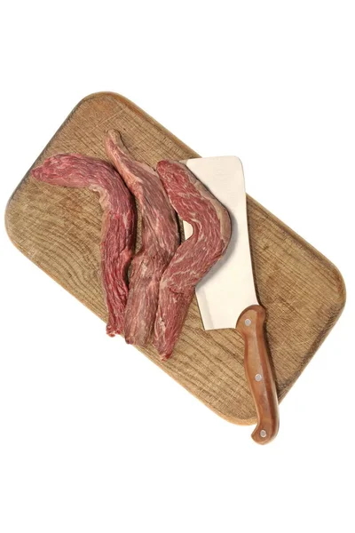 Raw Skirt Steak Tenderloin Beef Steak Butcher Hatchet Cutting Board — Stock Photo, Image