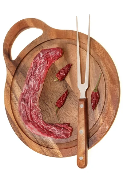 Tenderloin Beef Steak Raw Skirt Steak Fork Cutting Board Isolated — Stock Photo, Image