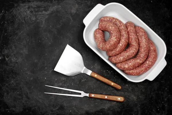 Lamb Beef Sausages Natural Casing White Tray Overhead View 프라이 — 스톡 사진