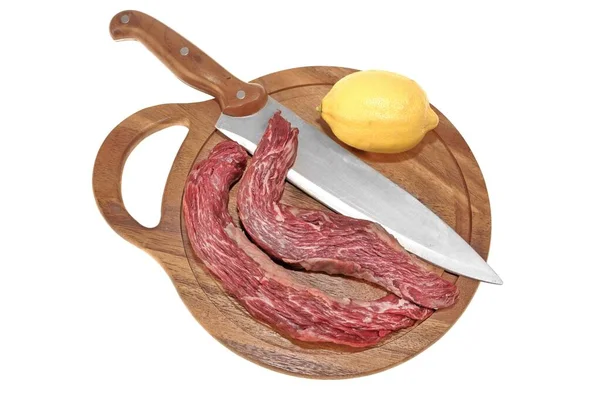 Raw Skirt Steak Tenderloin Beef Steak Knife Fork Cutting Board — Stock Photo, Image