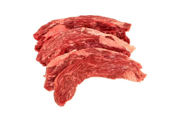 Rauwe Tenderloin Beef Steak Skirt Steak Isolated White Achtergrond Overhead Stockfoto