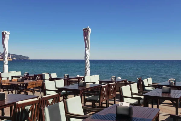 Seaside Patio Sundeck Terrace Tables Chairs — Stock Photo, Image