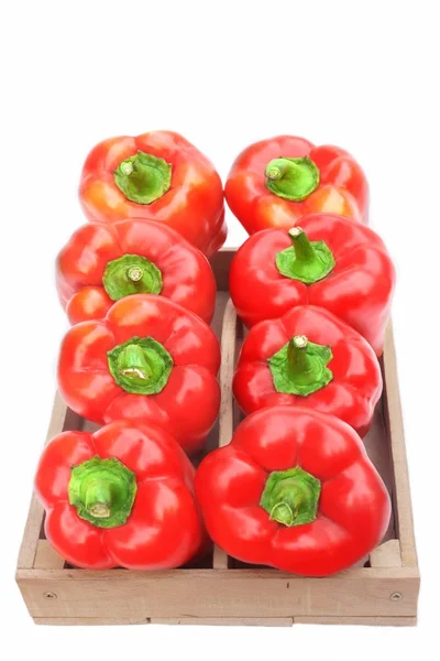 Röd paprika i trälåda — Stockfoto