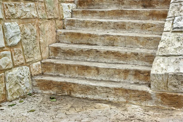 Old Wooden Staircase and stone wall — Stock Photo, Image