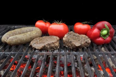 Grilled Fillet Steak, Bratwurst and Vegetables clipart