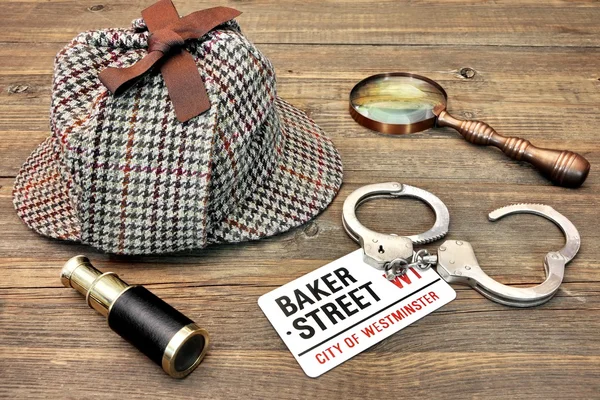 Detective Hat, Spyglass e Magnifier, firmate Baker Street e han — Foto Stock